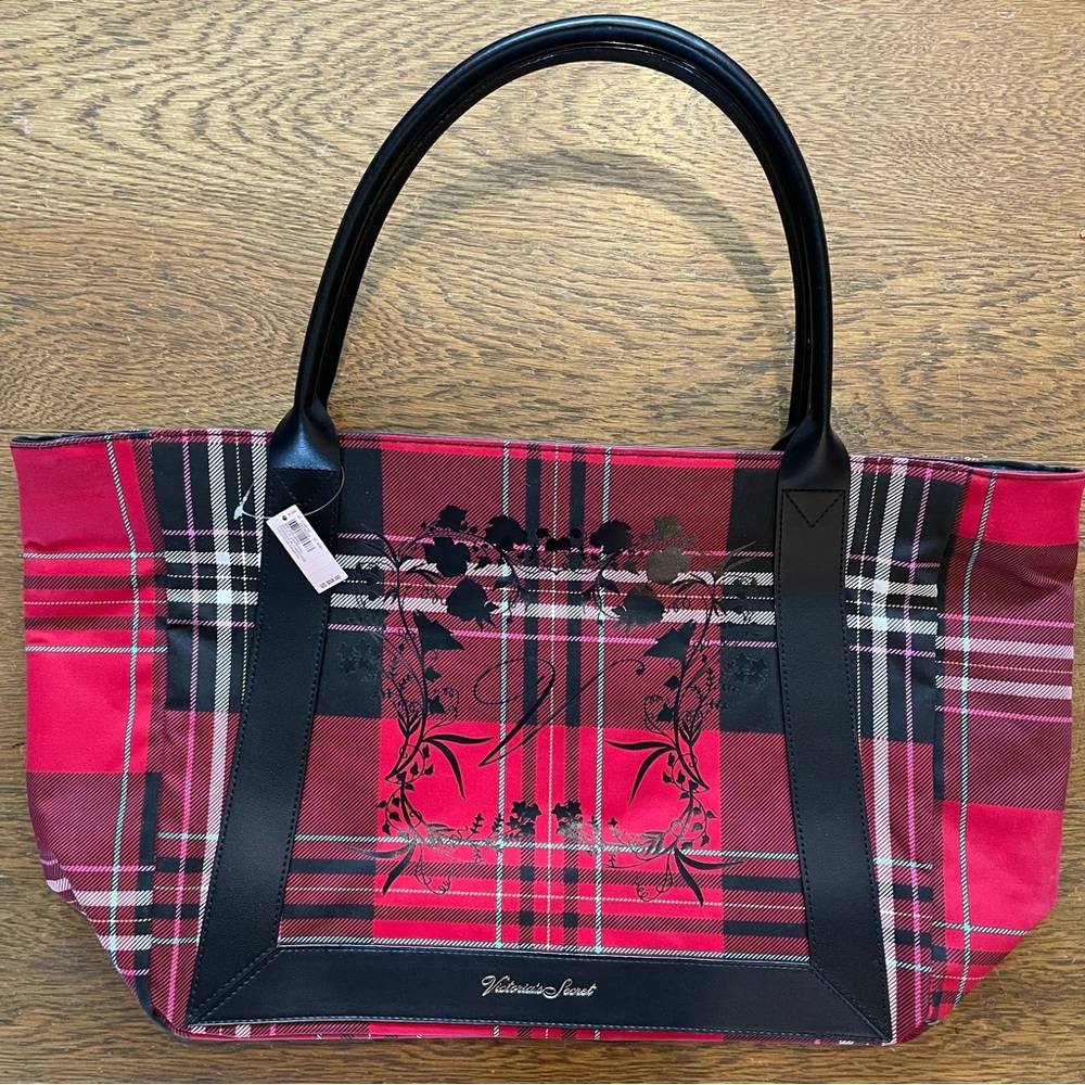 Victoria’s Secret Limited Edition Red Black Plaid Florals Large Tote